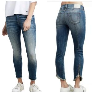 True Religion Halle Mid Rise Super Skinny Cropped Jeans, Raw Hem/Zippered Ankle.